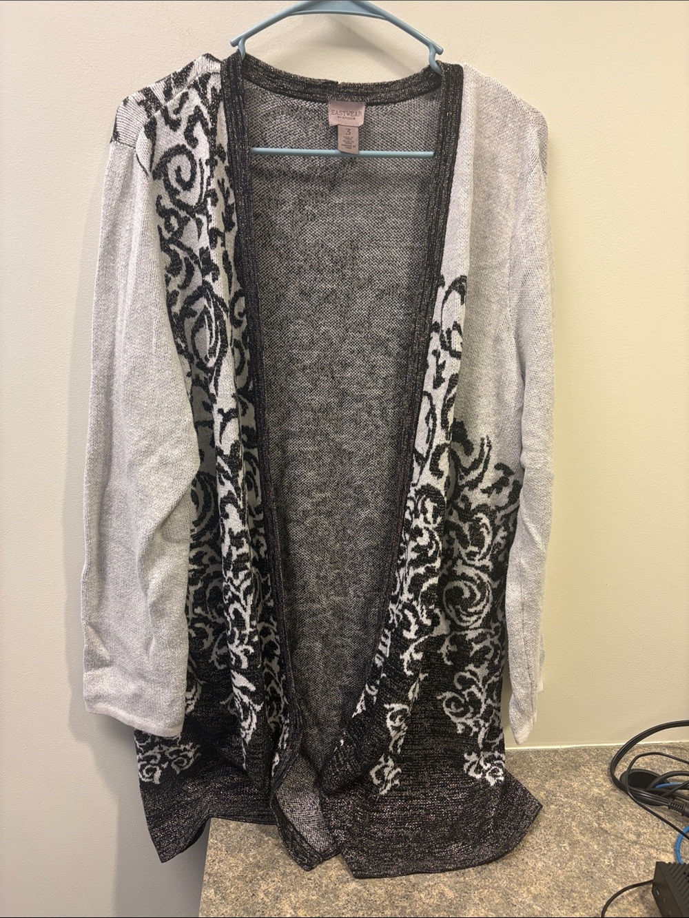 Open-Front Gray and Black with metallic Patterned Women's Cardigan Sweater